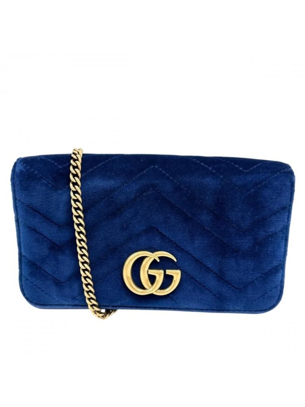 Gucci Shoulder Bag GG Marmont Logo Velvet Leather Blue Gold